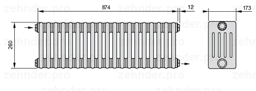 Схема (чертеж) Радиатор Zehnder Charleston 5026/19 №1670 Белый глянцевый RAL 9016